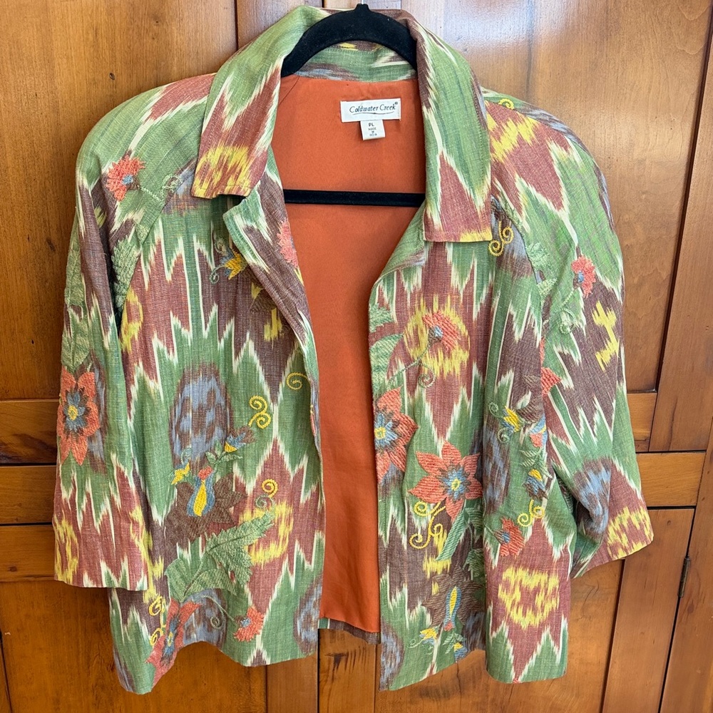 Coldwater Creek Linen Blend Embroidered Bohemian Southwestern Style 3/4 Jacket